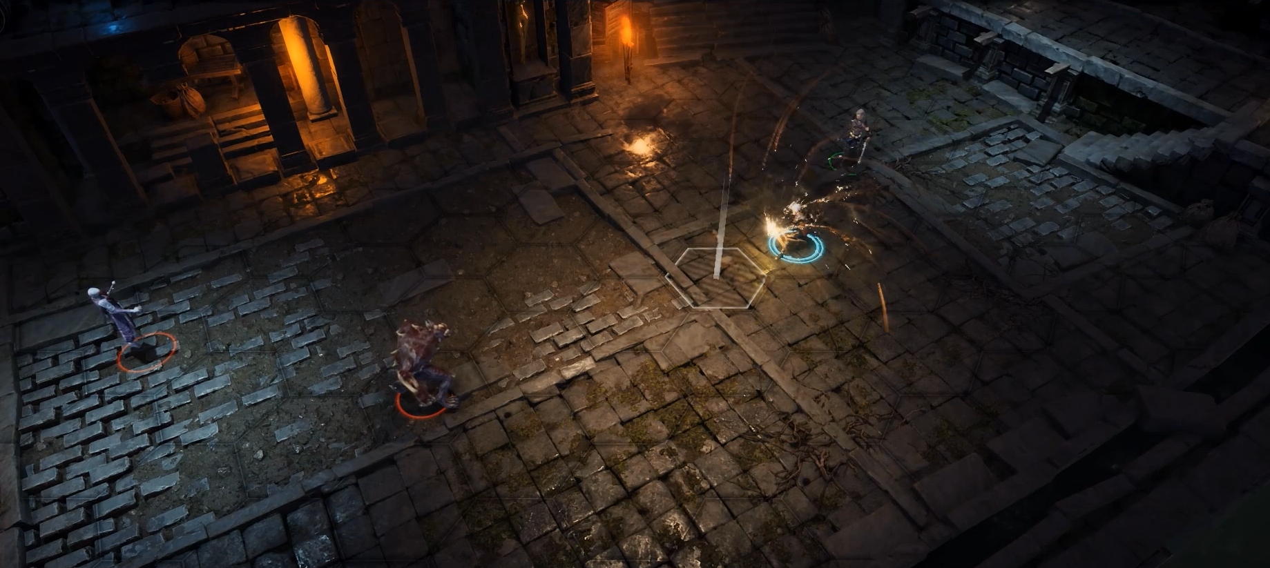 Game VFX still: a cyan ability ring and sparks around a character on a stone courtyard.