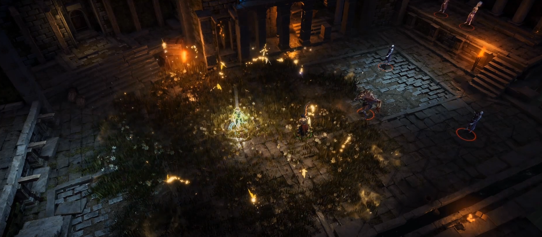 Glowing real-time spell VFX in a ruined stone courtyard, seen from a top-down action RPG camera