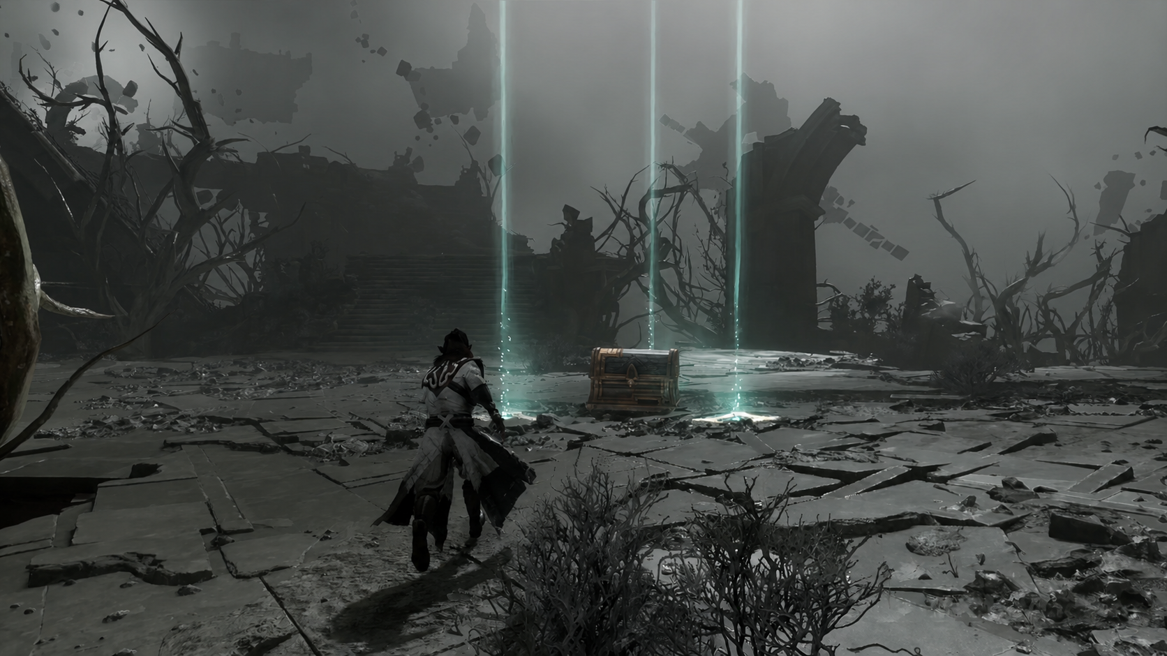 Environmental atmosphere VFX: fog, ash and pale beams of light rising over grey ruins.