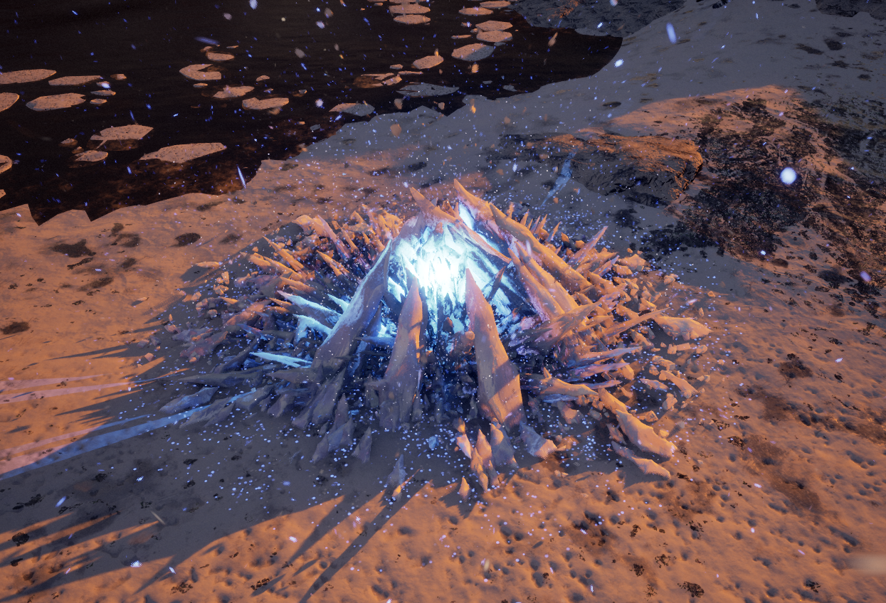 Prerendered cinematic VFX: an ice spike eruption bursting through cracked ground.