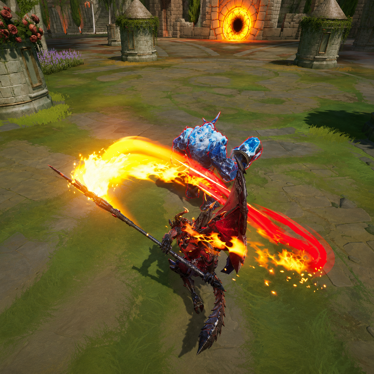 Combat VFX: a flaming spear swing trailing a fiery slash arc and sparks across a sunlit arena.