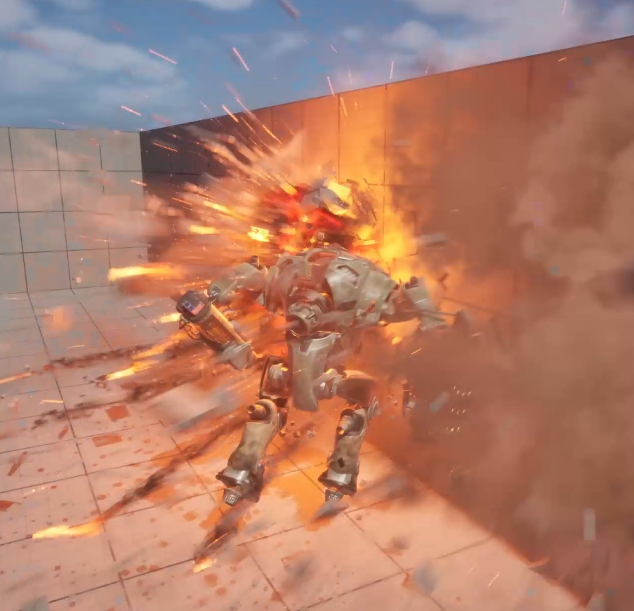 Destruction VFX: a mech torn open by a fireball, throwing sparks, debris and a dust plume.