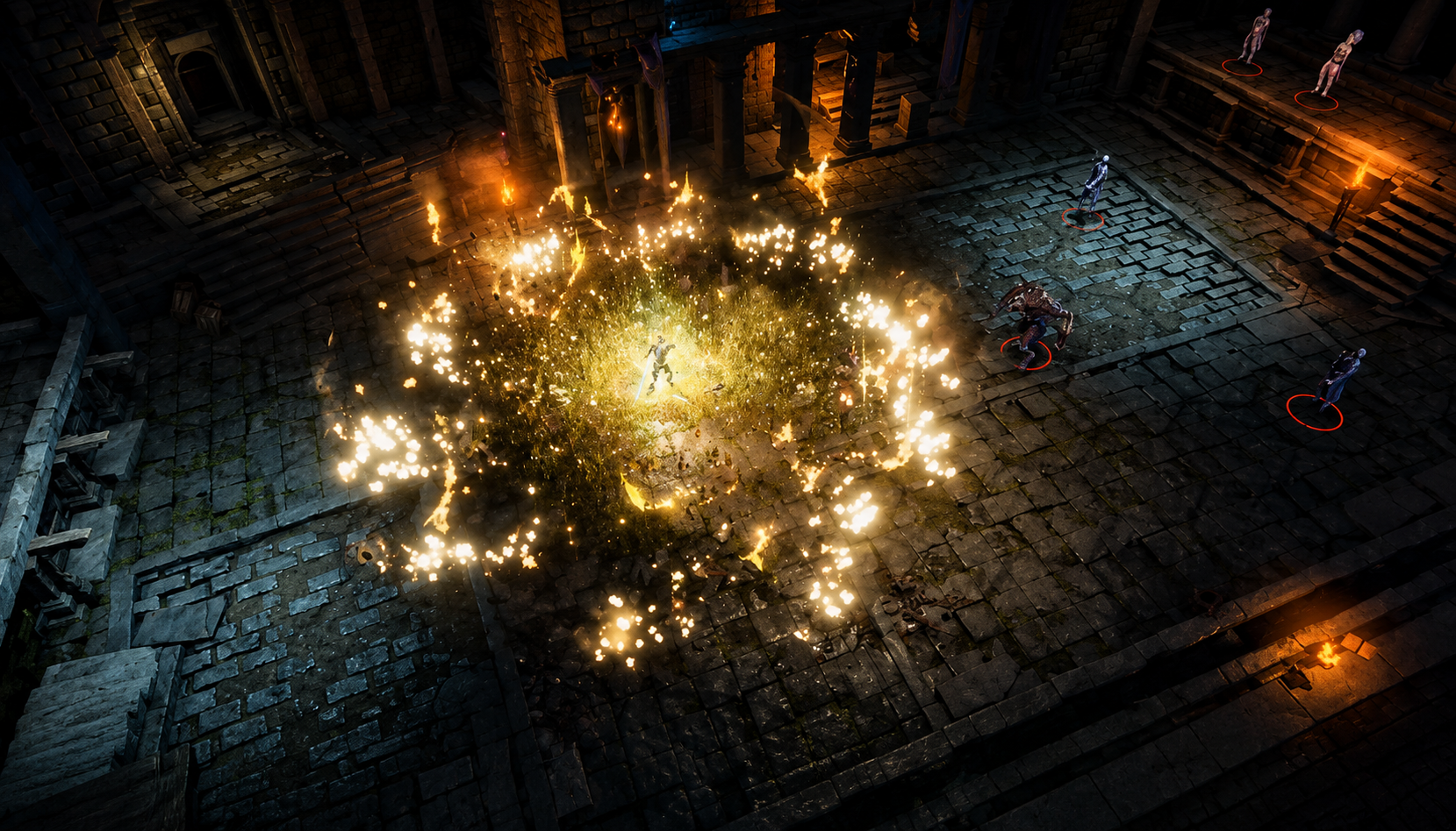 Magic VFX: a golden spell nova bursting around a hero in a dark stone temple.