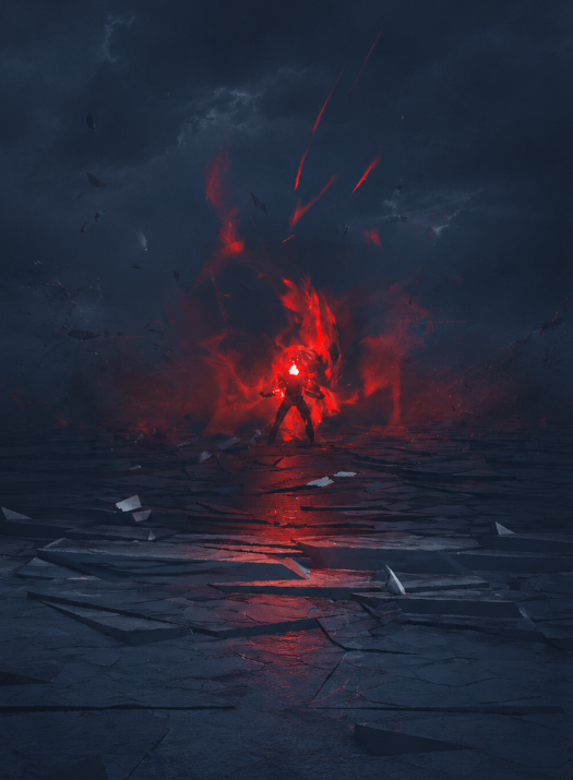 Game VFX still: a character wreathed in red fire on cracked ground under a storm sky.